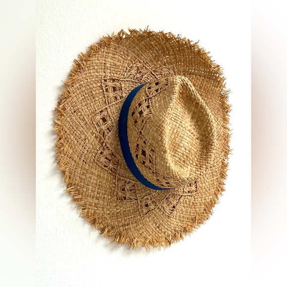 Rag and Bone, Frayed Wide Brim Sun Hat Natural with Blue Band, Medium - Picture 1 of 3